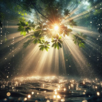 Sunbeams through forest canopy