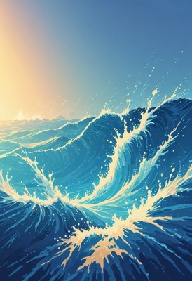 Ocean waves crashing at sunset