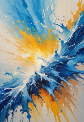 Abstract blue, yellow, and white acrylic painting