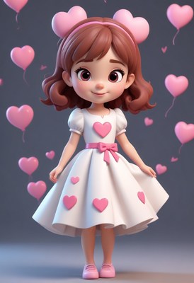 Girl in white dress with pink hearts
