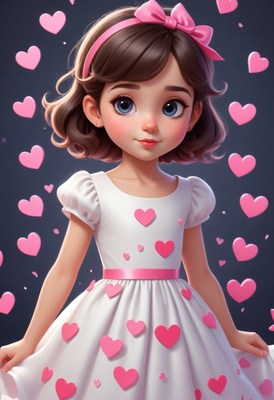 Girl in white dress with pink hearts
