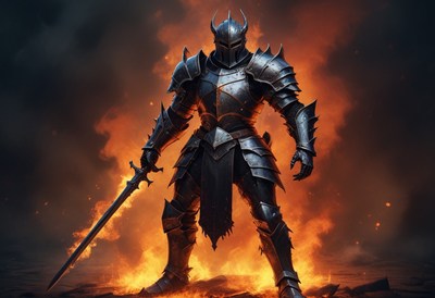 Black knight standing in flames