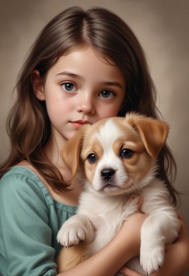Girl holding puppy portrait