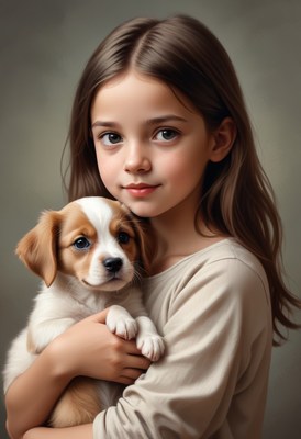 Girl holding puppy portrait