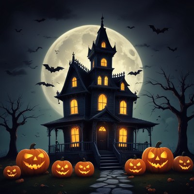 Haunted house under full moon