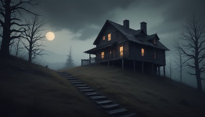 Lonely cabin under moonlight