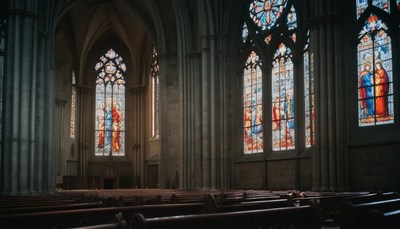 Cathedral interior with stained glass windows