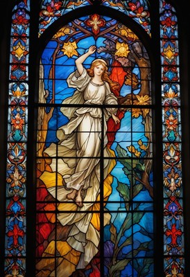 Stained glass window depicting a woman