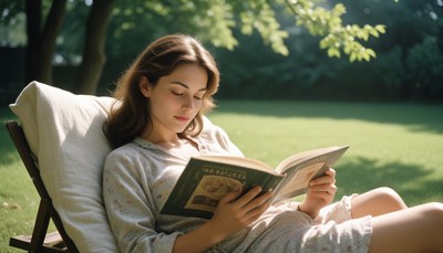 Woman reading in a garden on a sunny day