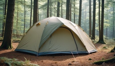 Tent set up in a forest