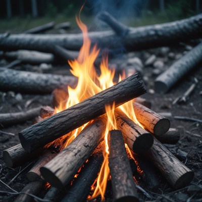 Campfire burning in forest at dusk