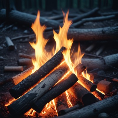 Campfire burning in forest at night