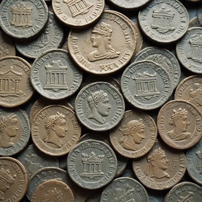 Silver and bronze roman coins close up