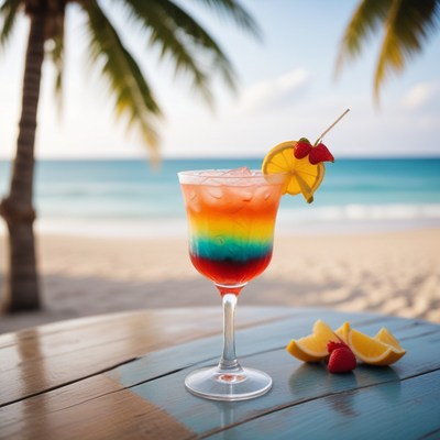 Rainbow cocktail on beach table