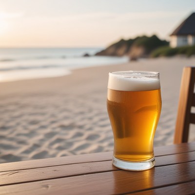 Beer on the beach at sunset