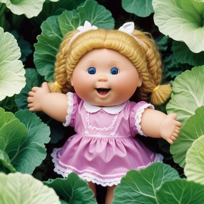 Smiling doll in green leaves