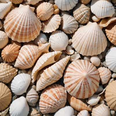 Seashells on a beach in the sun