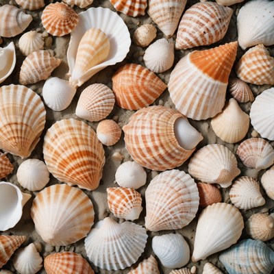 Seashells on a sandy beach