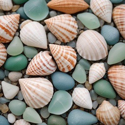 Seashells and sea glass on beach