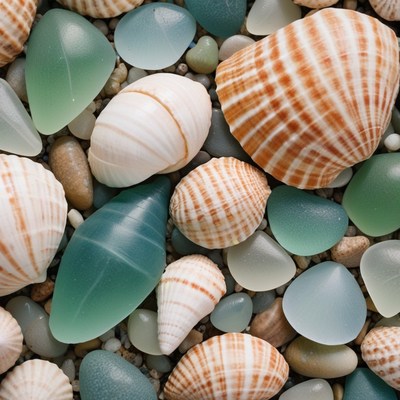 Seashells and sea glass on beach