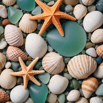 Seashells and starfish on beach pebbles