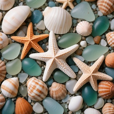 Seashells and starfish on a beach