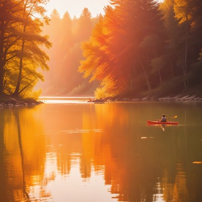 Kayaking at sunset in autumn