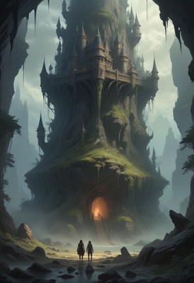 Two figures approach a cliffside castle