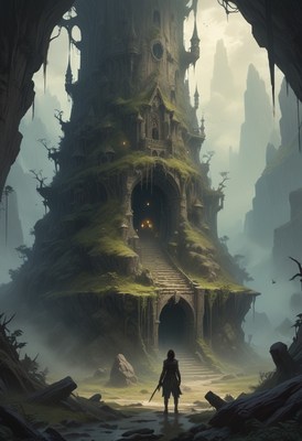 A figure approaches a ruined tower