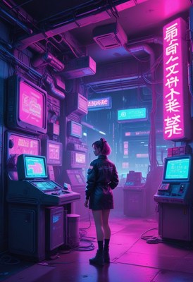 Woman standing in neon-lit cyberpunk alley