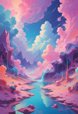 Fantasy landscape with river and clouds