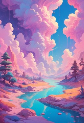 Dreamy landscape with river and pink clouds