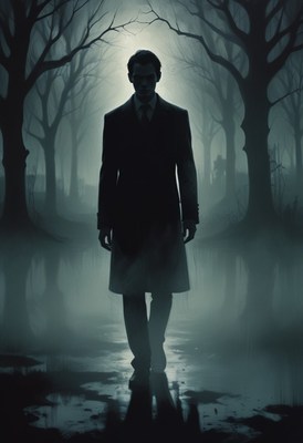 Man walking through foggy forest