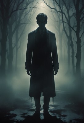 Man in coat stands in foggy forest