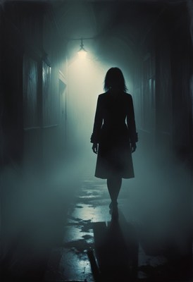 Woman walking through foggy hallway