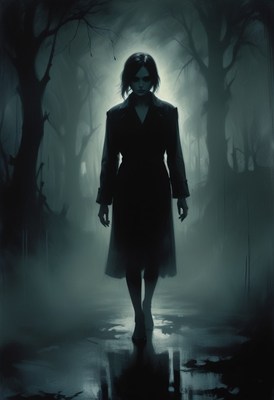 Woman walking through foggy forest