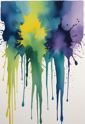 Watercolor splashes and drips on white background