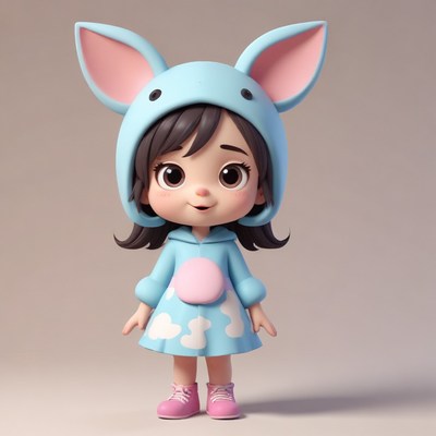 Cute cartoon girl in blue hoodie