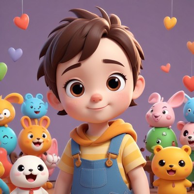 Boy with stuffed animals