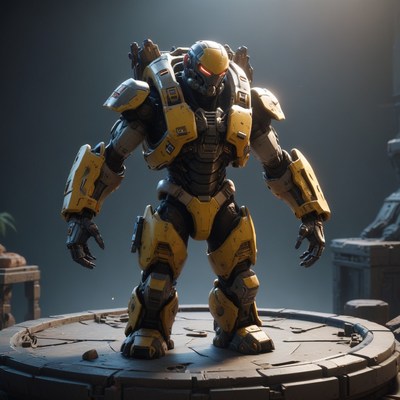Yellow-armored robot stands on platform