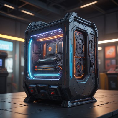 Futuristic computer case with orange and blue lights