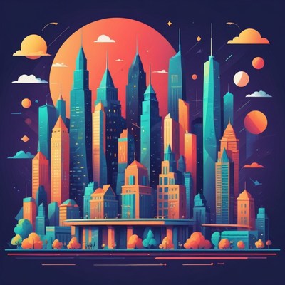 Cityscape with large moon and stars