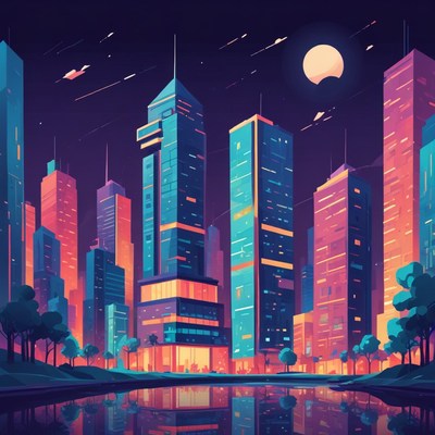 Nighttime cityscape with reflective pond