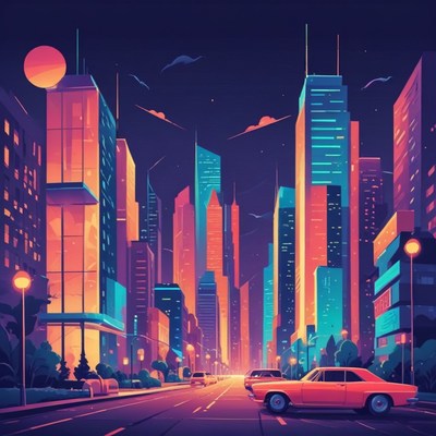 Nighttime cityscape with red car