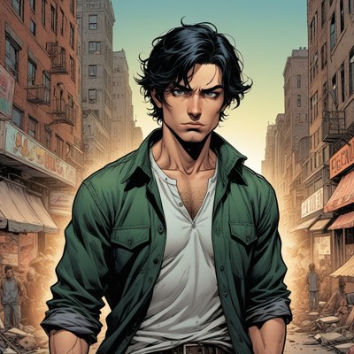 Man in green shirt walking city street