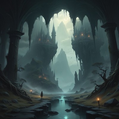 A figure approaches floating castles