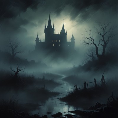 Castle in the foggy night