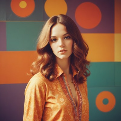 Woman in orange shirt against geometric background