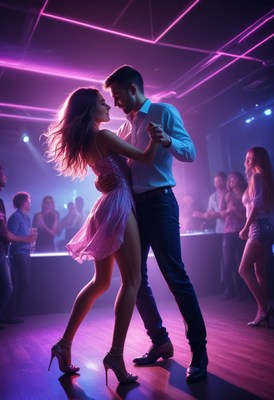 Couple dancing in nightclub under pink lights