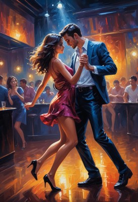 Couple dancing in a bar at night